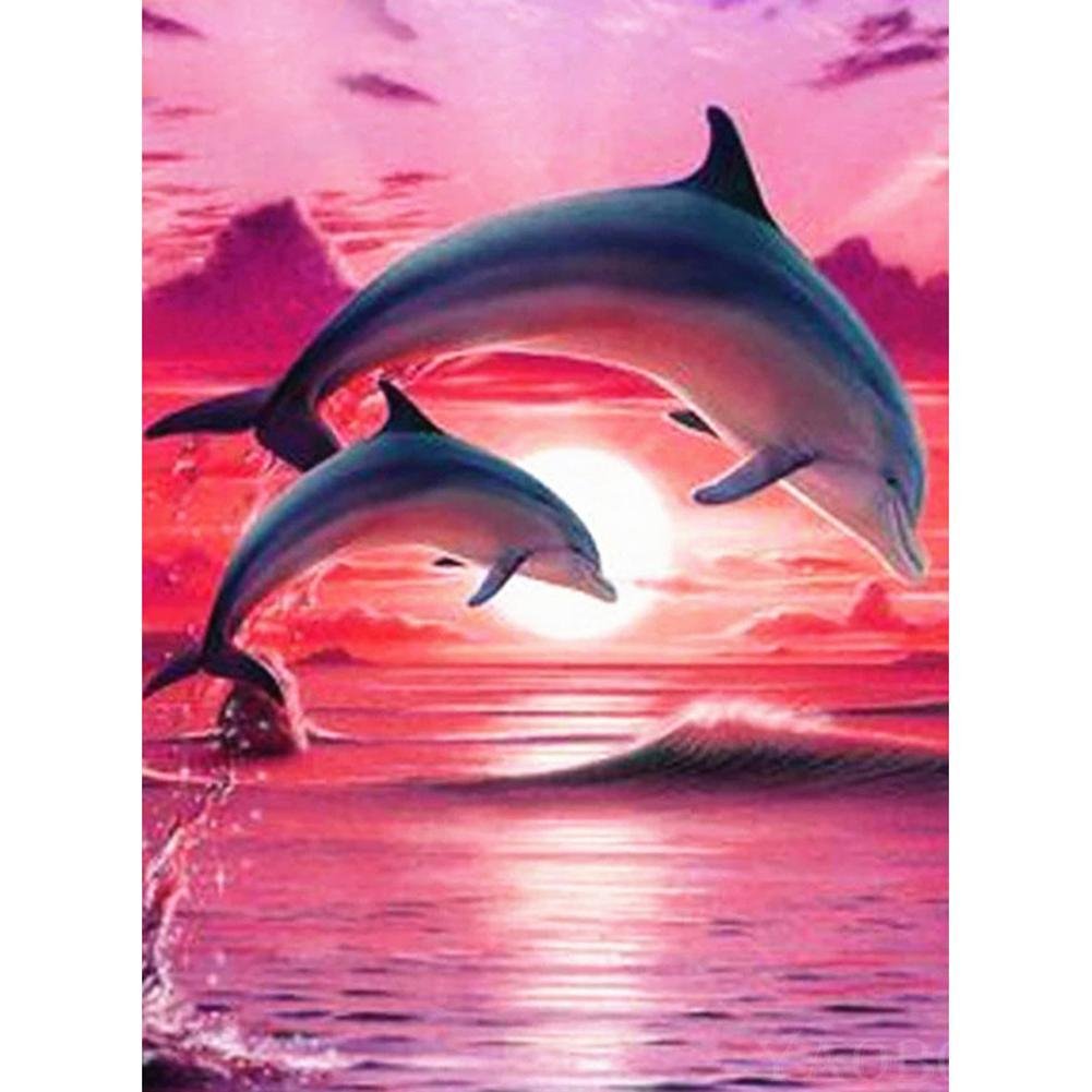 5D Diy Diamond Painting Kit Full Round Beads Dolphin in Red Sea