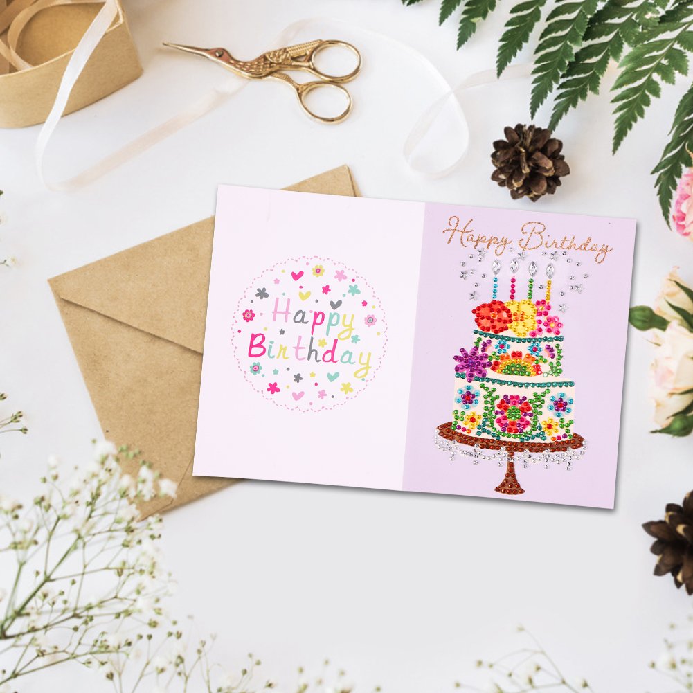 Cartão postal de feliz aniversário com pintura de diamante DIY 5D - Bolo