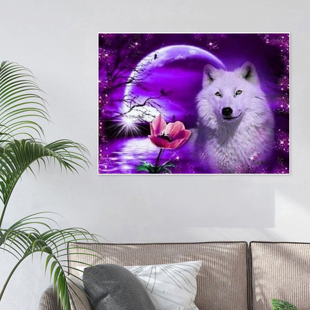 Pintura de diamante - Redondo completo - Lobo lunar