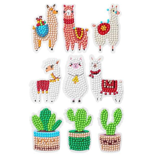 9pcs round mosaic diamond painting stickers animals and cactus
