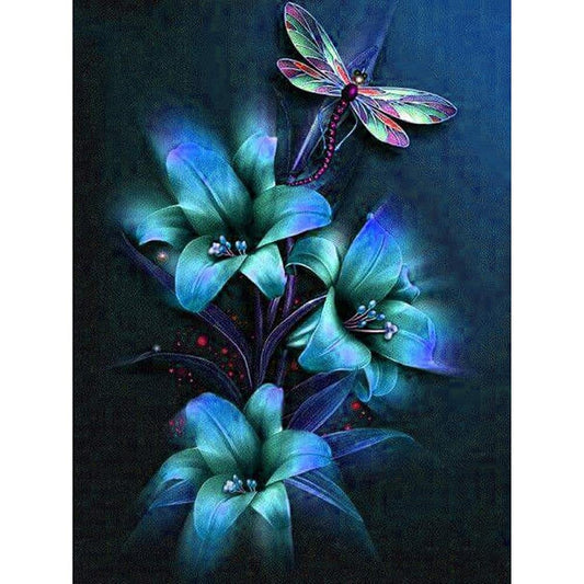 5D DIY Diamond Painting Kit - Full Round - Blue Flower Dragonfly