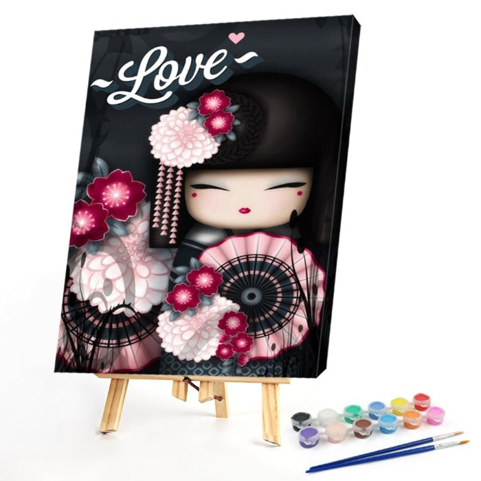 Japanese Doll Frameless Oil Paint by Numbers Kit Handpainted on Canvas Picture