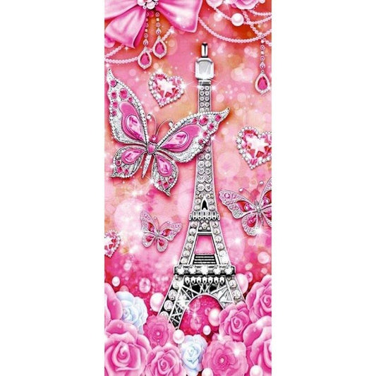 DIY 5D Crystal Rhinestone Diamond Painting Kit Pink Butterfly Tower (30*60cm)