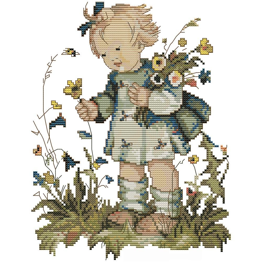 14ct Stamped Cross Stitch Little Girl Picking Flowers(26*31cm)