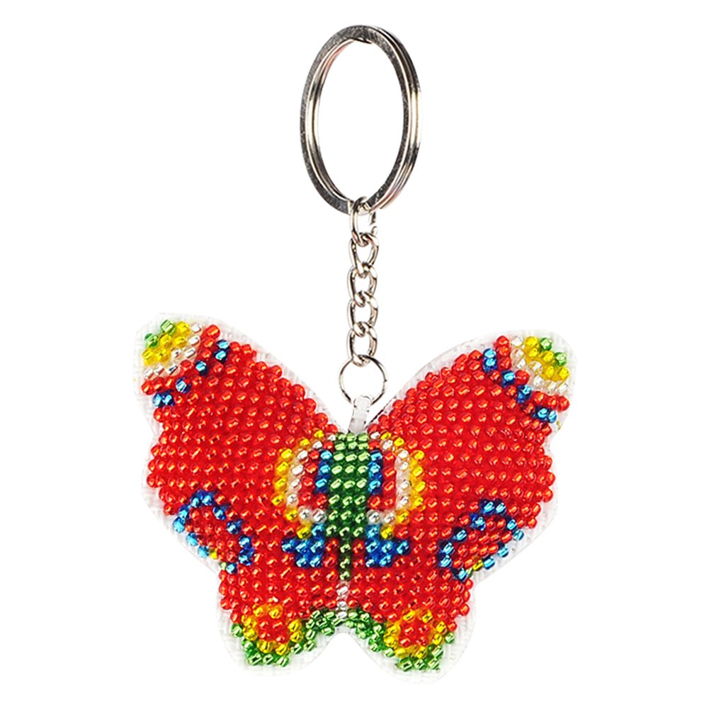 Stamped Beads Cross Stitch Keychain Red Butterfly 