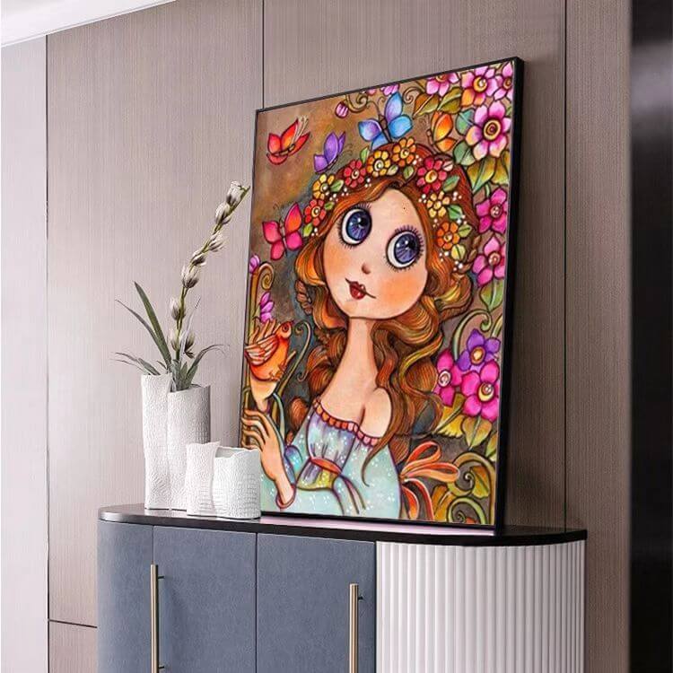 abstract big size diamond art girl with flowers