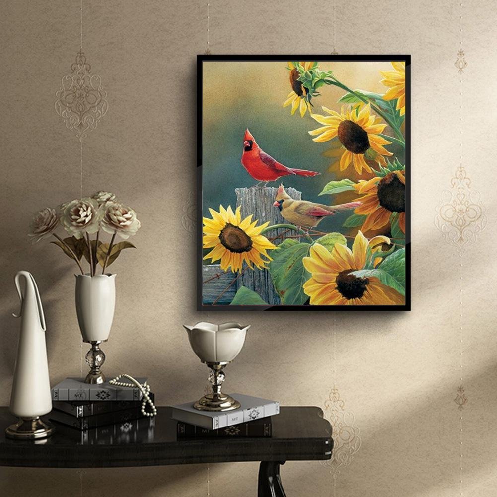 Pintura Diamante - Redondo Parcial - Pássaros Girassol