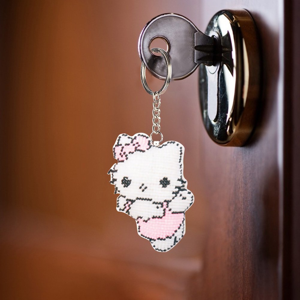 Angel Cat Stamped Beads Cross Stitch Keychain 
