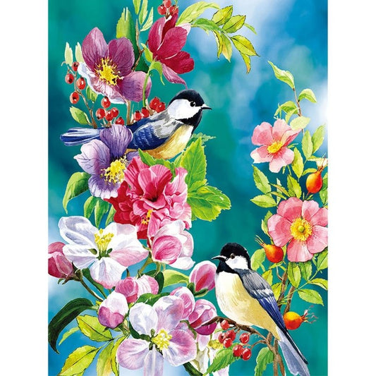 Chickadee Birds on a Flower Tree canvas paint by numbers