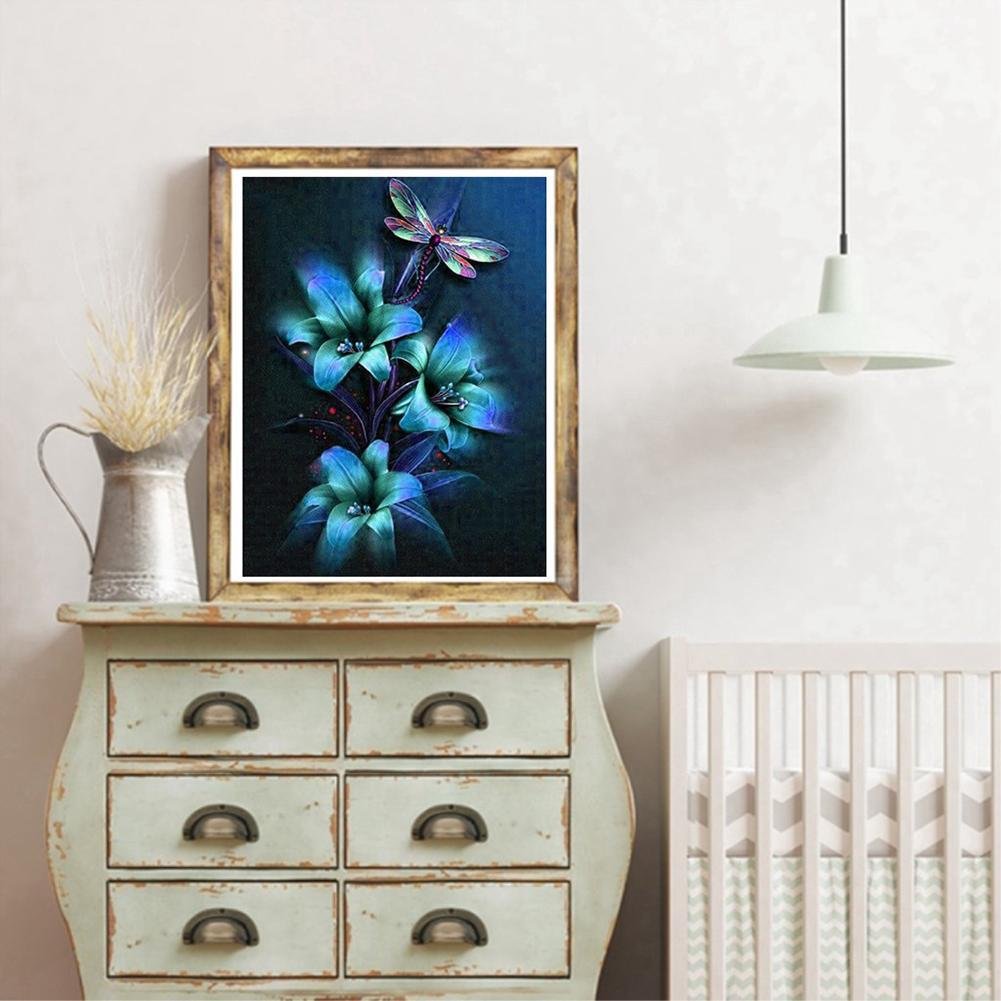 Kit de pintura de diamante DIY 5D - Redondo completo - Libélula de flor azul