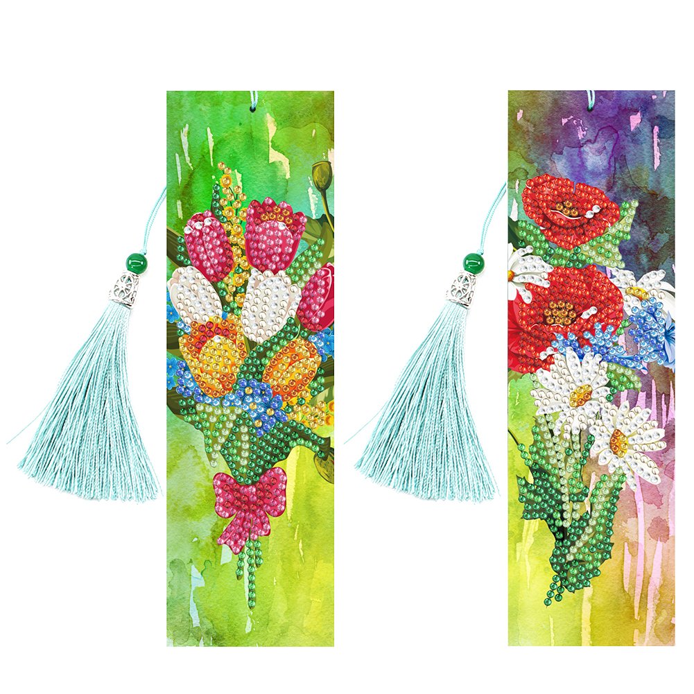 2pcs Diamond Painting Bookmark DIY Flowers Leather Tassel Book Marks Craft