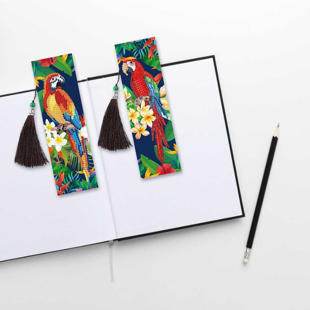 2pcs Diamond Painting Bookmark DIY Parrots Leather Tassel Book Marks Craft