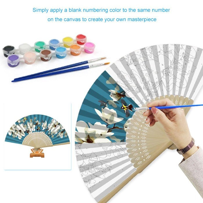 Paint By Numbers Kit DIY White Flower Bird Folding Fan