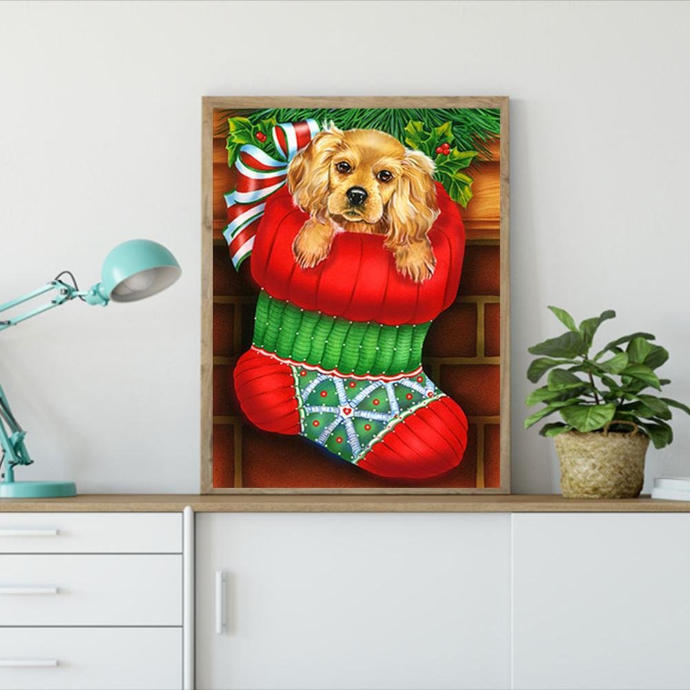 Pintura Diamante - Redondo Completo - Cachorro Natal B