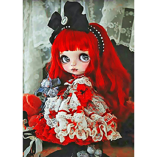 5D Diy Diamond Painting Kit Full Round Beads Red Hair Girl Doll