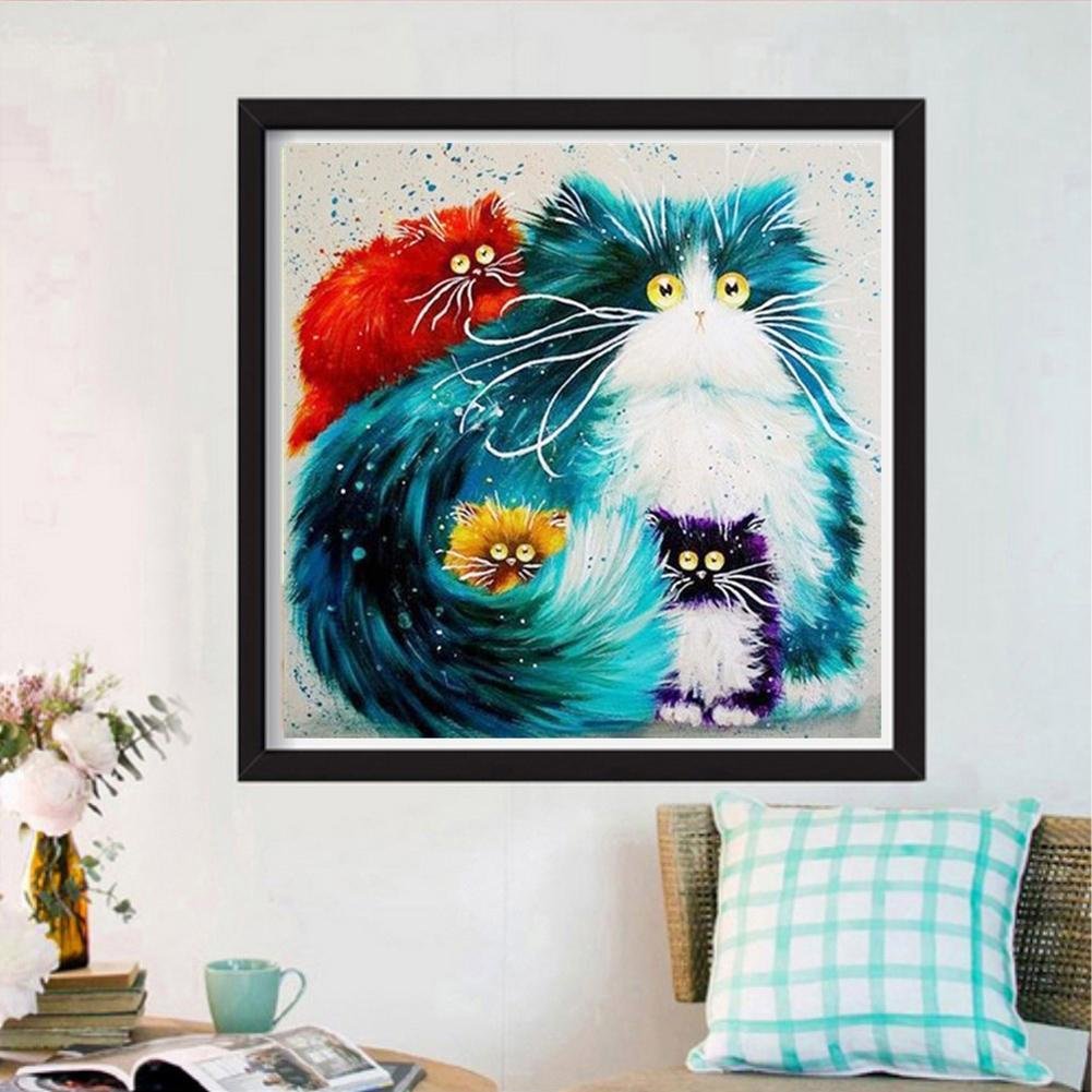 Pintura de diamante - rodada completa - família de gatos de desenho animado