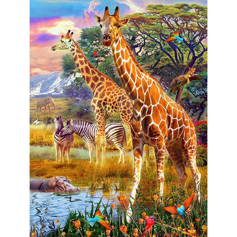 Diamond Painting Art Giraffes & Zebras on the riverside
