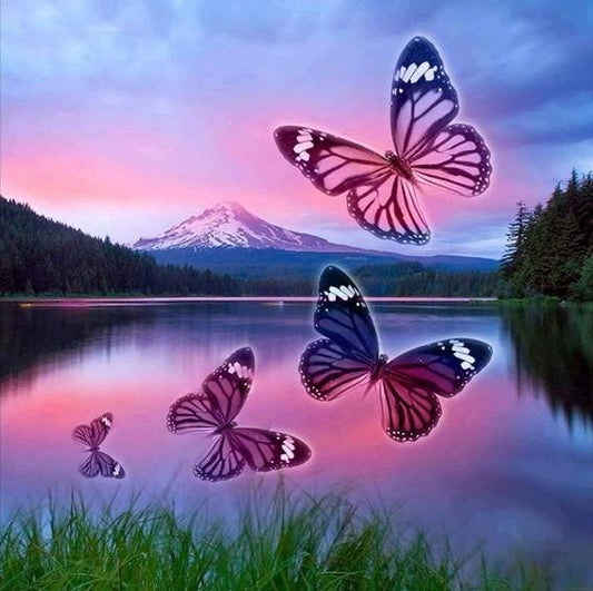 Pintura de diamante - Redondo completo - Lago de mariposas