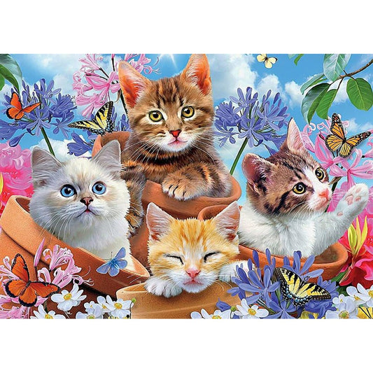 5D Diamond Painting Kit Full Round Beads Art Four Cats In Flower