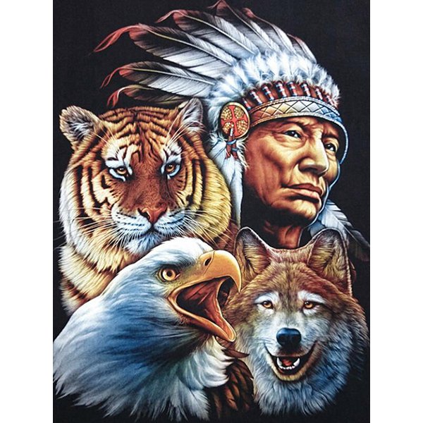 Diamond Mosaic Embroidery Kit Native American Tigher Wolf Eagle