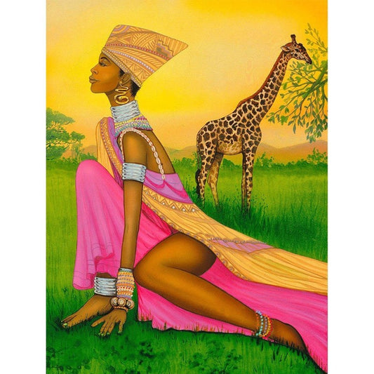 African Women And Giraffe Full Round 5d diamond painting