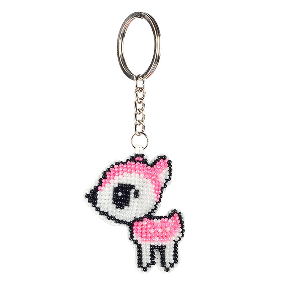 Stamped Beads Cross Stitch Keychain Pink Deer 