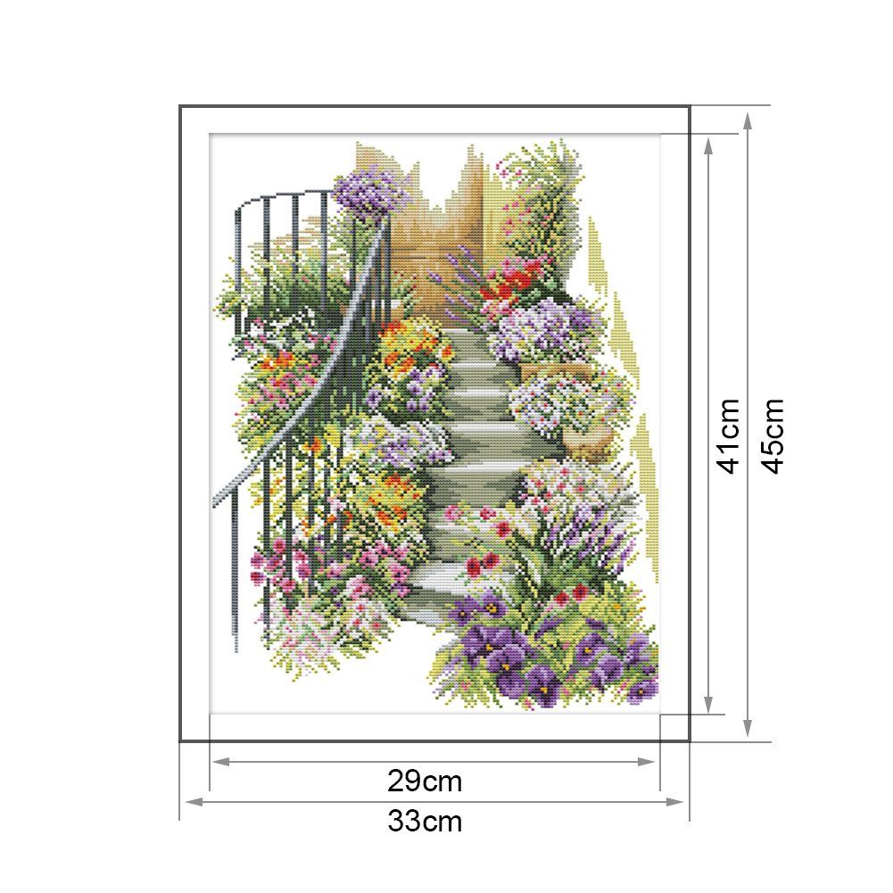 Punto de Cruz Estampado 14ct - Flores Escaleras (33*45cm)