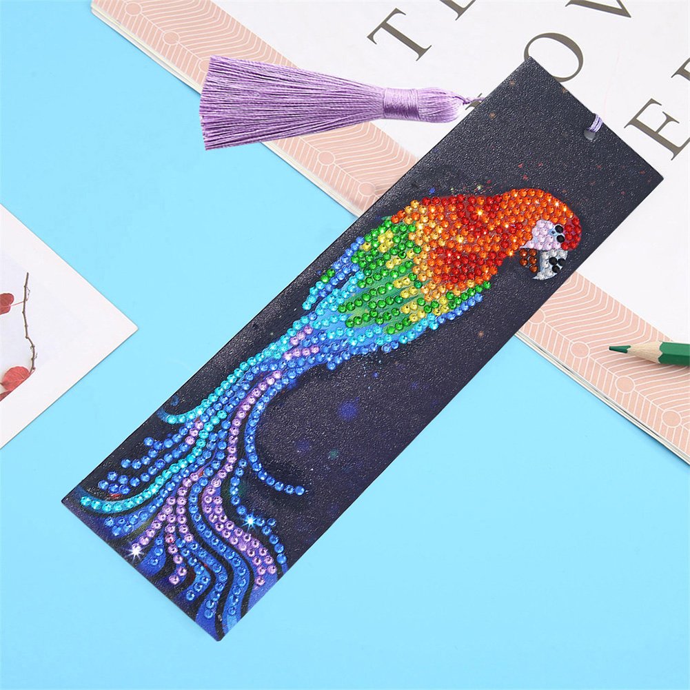 DIY Parrot Special Shape Diamond Painting Leather Bookmark Tassel Craft