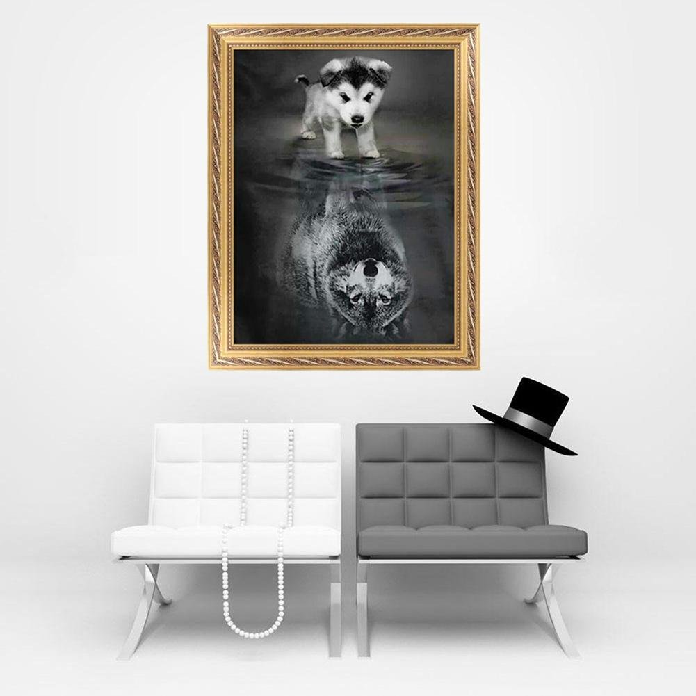 Kit de pintura de diamantes 5D DIY - Redondo parcial - Perro reflejado Lobo