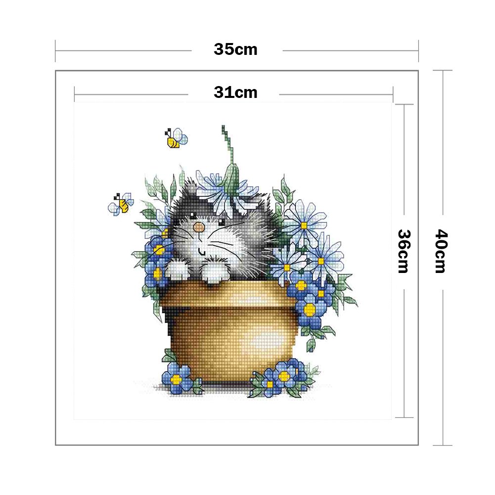 11ct Estampado Ponto Cruz - Gatinho em Flores (48*48cm)