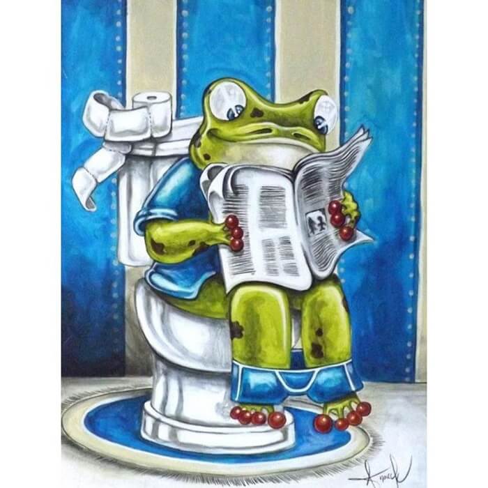 diamond painting art reading frog on toilet