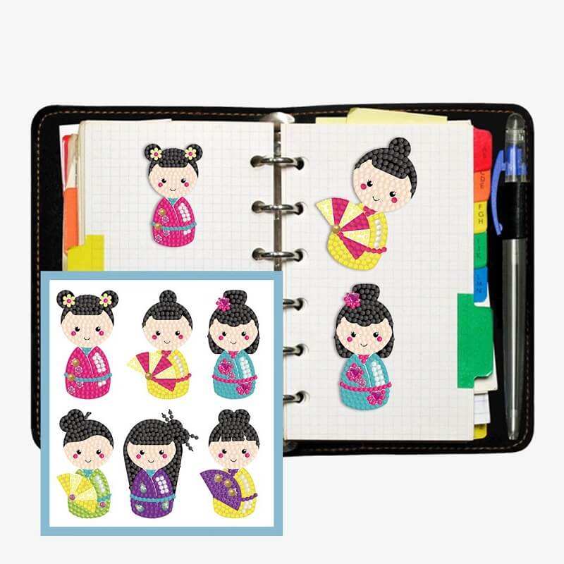 Kokeshi Dolls Diamond Painting Stickers Kit On Notebook