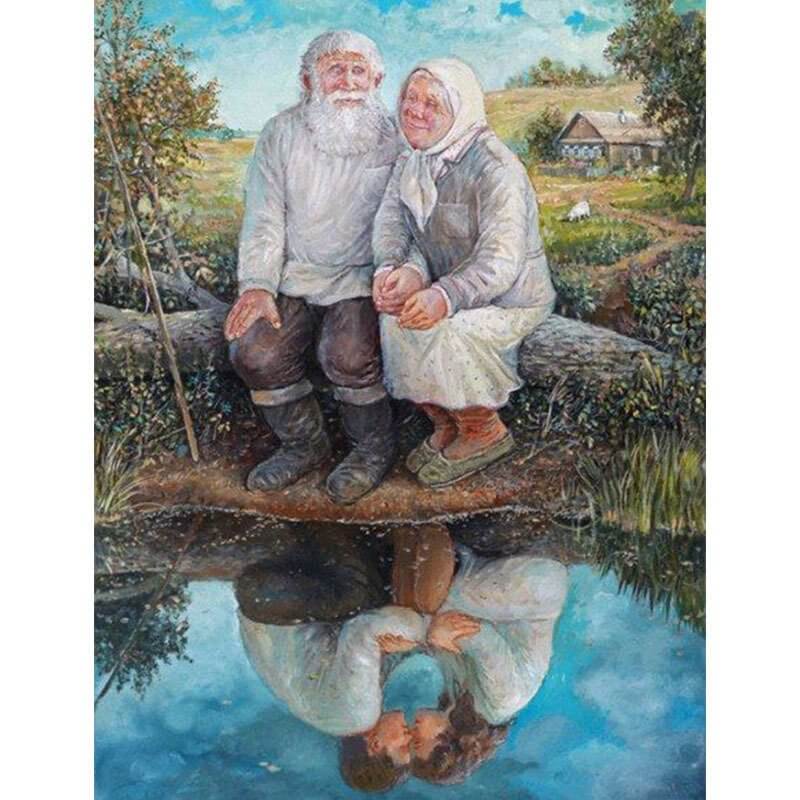 5d full drill round diamond painting kits Sweet Country Old Couple