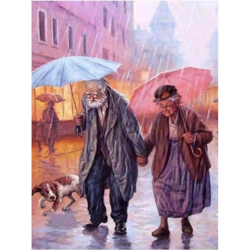 5d full drill round diamond painting kits Sweet Old Couple Walking In The Rain