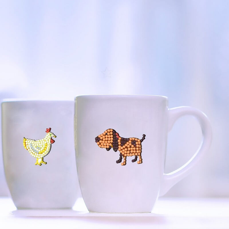 round drill dog & rooster diamond painting stickers on white cups