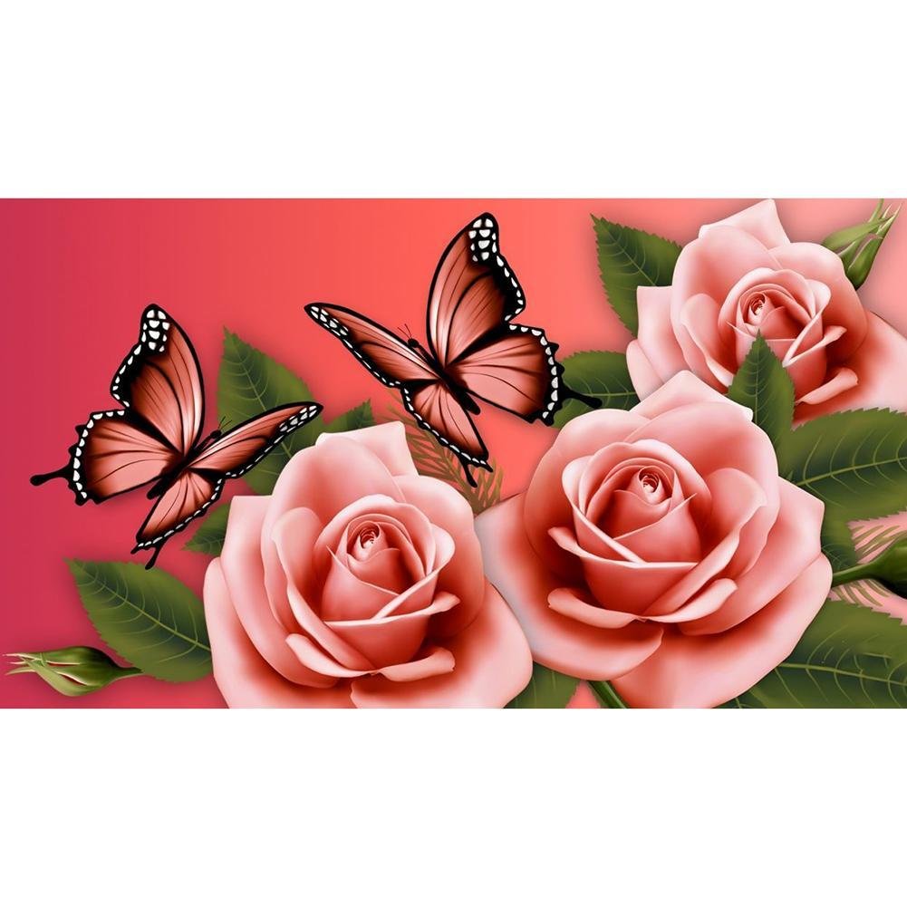 5D Diy Diamond Painting Kit Full Round Beads Pink Rose Butterfly