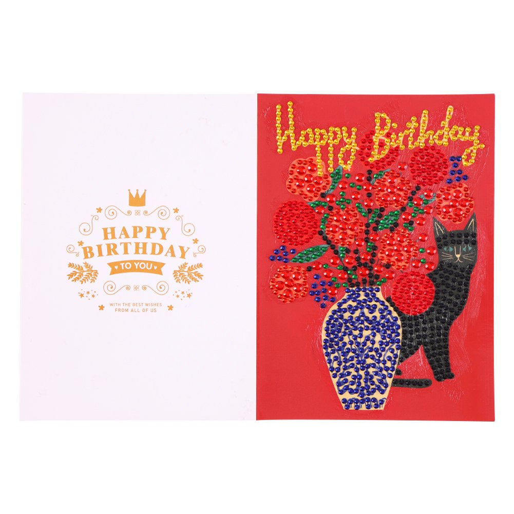 Flower Cat DIY 5D Diamond Painting Happy Birthday Postcard