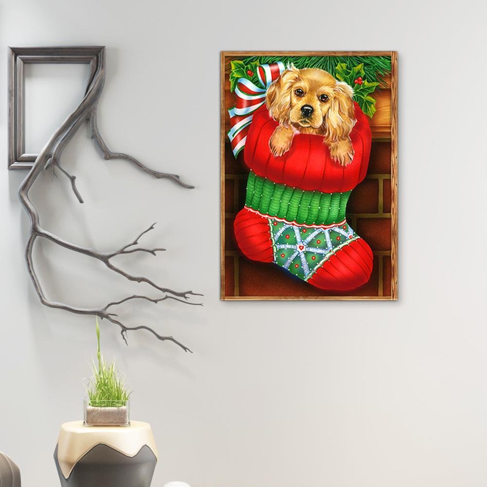 Pintura Diamante - Redondo Completo - Cachorro Natal B