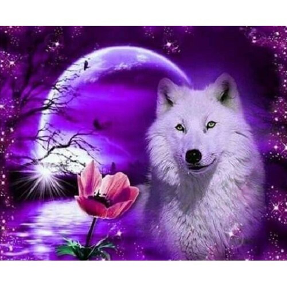 5D Diy Diamond Painting Kit Full Round Beads Moon Wolf