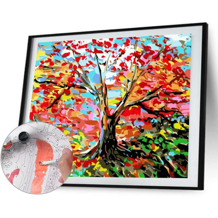 Oil Painting By Numbers Red Leaf Tree DIY Canvas Coloring Picture