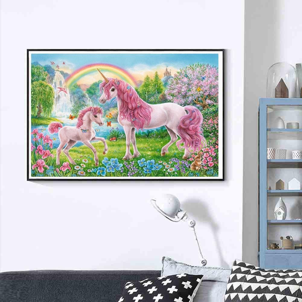Pintura Diamante - Redondo Completo - Cavalo Rosa Unicórnio