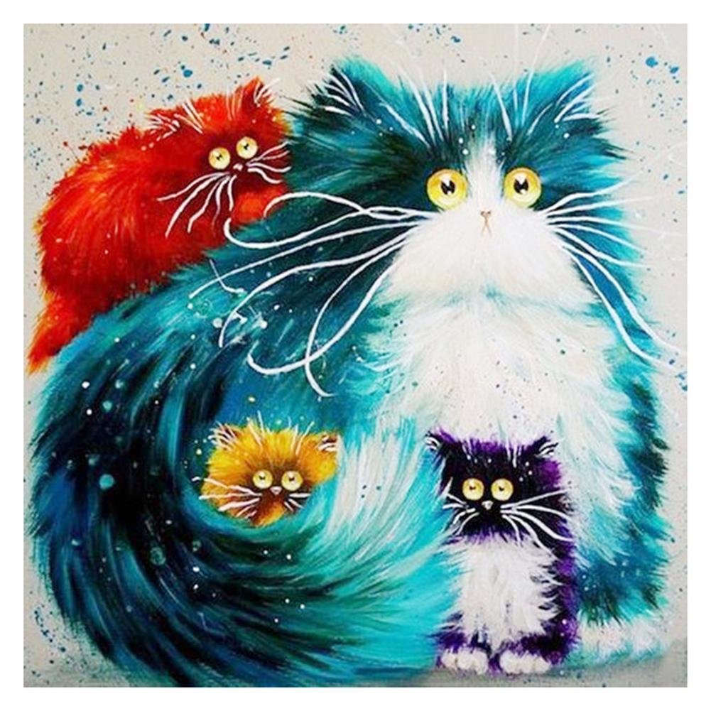 5D Diy Diamond Painting Kit Full Round Beads Cartoon Cat Family