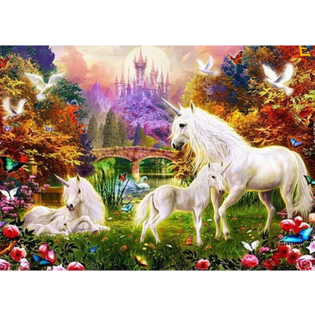 Diamond Painting - Partial Round - Horses Family Castle