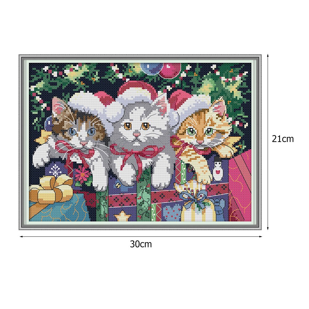 Ponto cruz estampado 14 quilates - Gatos de Natal (30 x 21 cm)