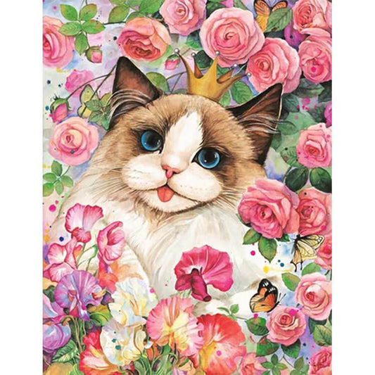 diy 5d full drill diamond painting furry cat in blossom roses