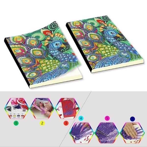 notebook with diamond painting peafowl cover diy steps