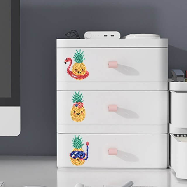 white storage box decorated with 3 pineapple diamond painting stickers