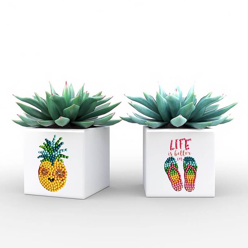 the pineapple and slipper diamond painting stickers on the flowerpots