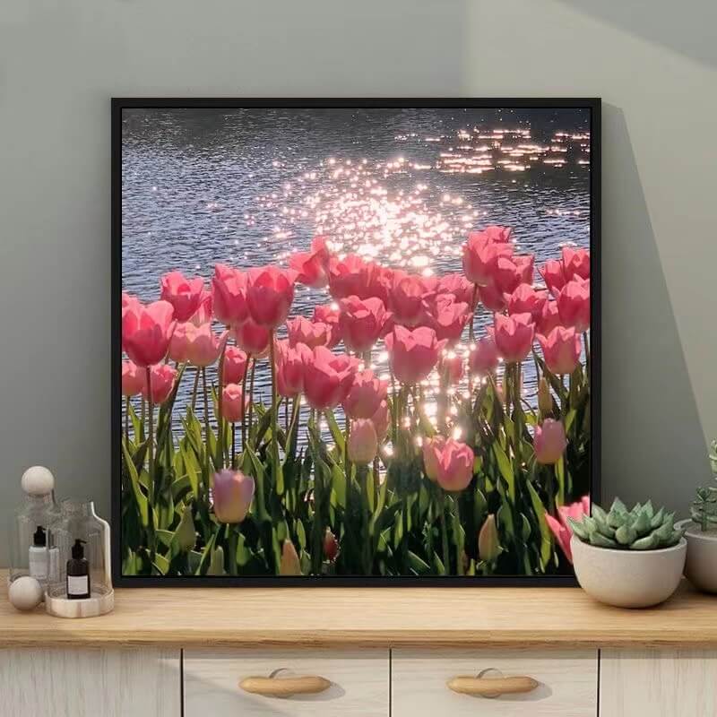pink tulips painting by diamonds