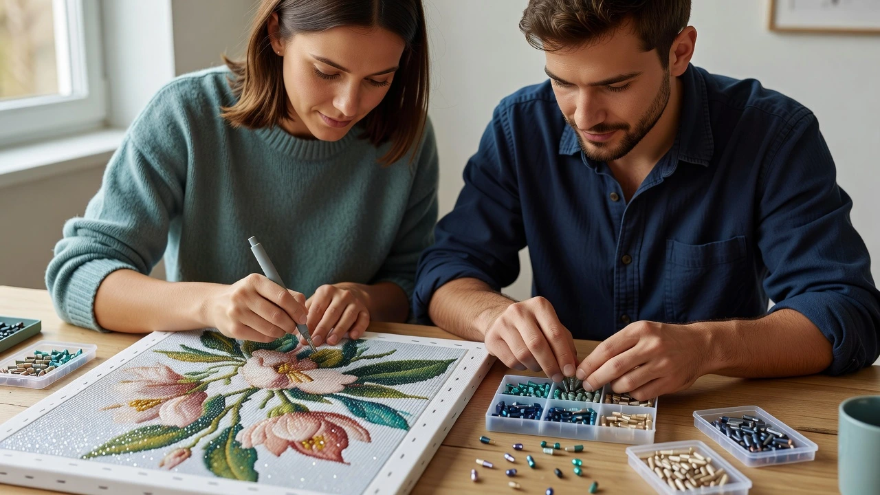 Two adults working together on a diamond painting canvas, placing drills and sorting colors at a table.